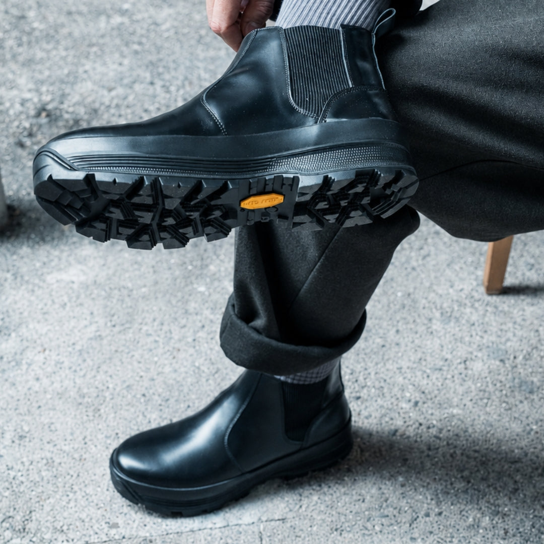 OSWEN City Commuter black leather Chelsea boot worn outdoors