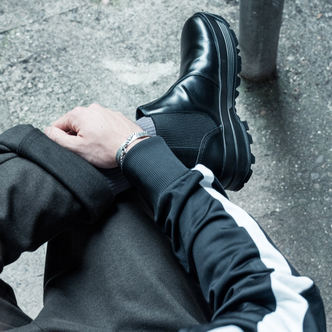 OSWEN City Commuter black leather Chelsea boot worn outdoors